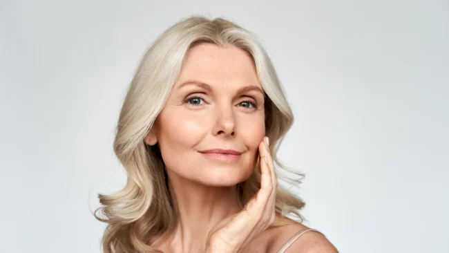 Eine Frau im mittleren Alter mit sichtlich schöner Haut